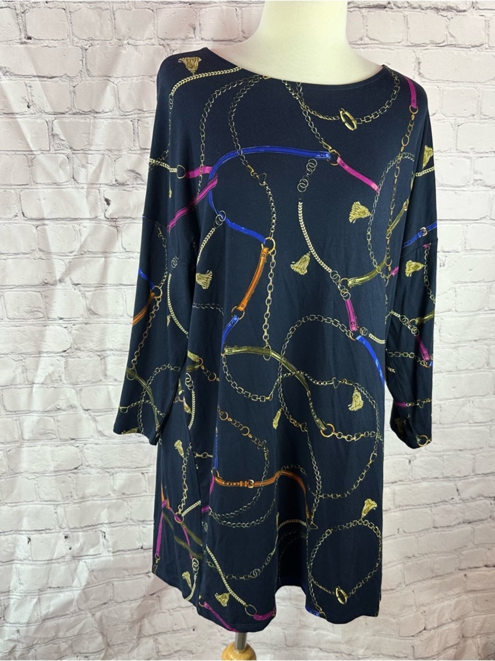 NWT Chico’s (2) L Navy guilded bridle wedge tunic top equestrian 3/4 sleeve